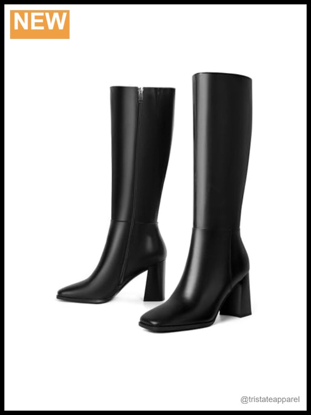 Knee High Boots Faux Leather Square Toe Chunky Block Heel Tall Dress Boots Side